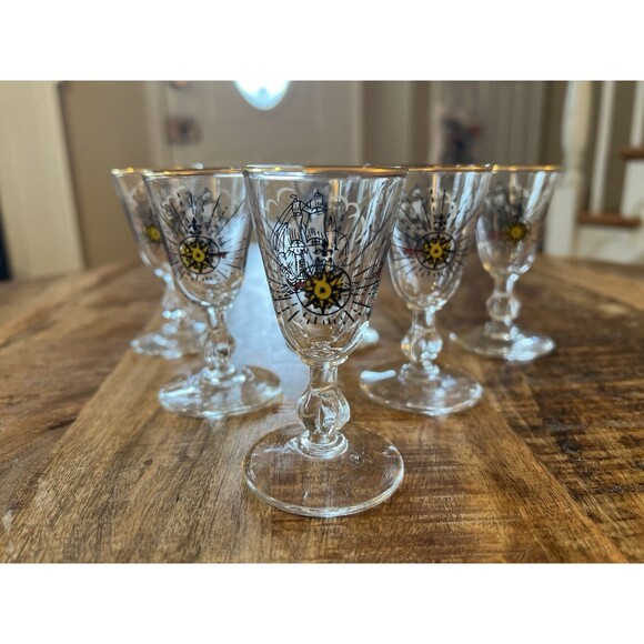 6 Vintage Libbey Treasure Island Stemmed Tall Cordial Glasses Pirate Ship - Picture 2 of 6